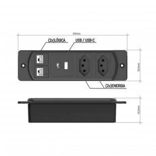 DNENPM2T-001-0 - PED MOB(PAINEL P/ IMOBILIARIO) C/ 2 TOMADAS(NBR 14136 10A) ,1 USB A,1 USB C, 2 PREP. DADOS RJ-45 FEMEA - DN-MOB-2T2D2U - D-NET